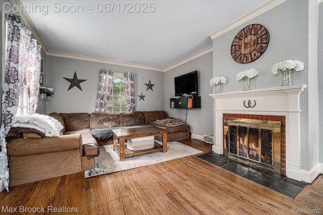 1312 Catalpa Dr, Royal Oak, MI 48067 - living room featuring a fireplace, ornamental molding, wood finished floors, and baseboards