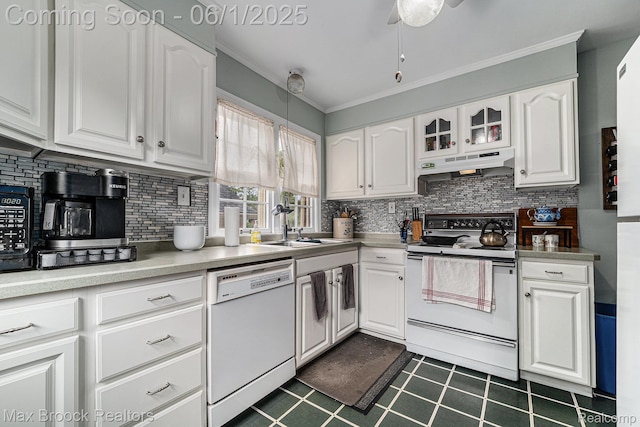 1312 Catalpa Dr, Royal Oak, MI 48067 - kitchen featuring white appliances, under cabinet range hood, white cabinetry, backsplash, and ornamental molding