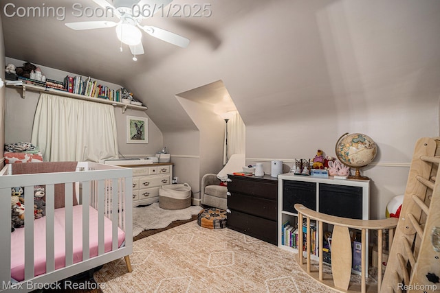 1312 Catalpa Dr, Royal Oak, MI 48067 - bedroom featuring vaulted ceiling, a crib, and a ceiling fan