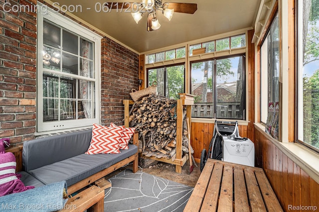 1312 Catalpa Dr, Royal Oak, MI 48067 - sunroom with brick wall and a ceiling fan