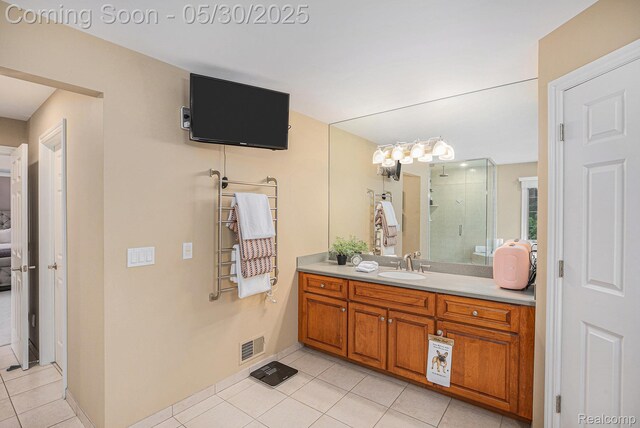 846 Majestic, Rochester, MI 48306 - ensuite bathroom with tile patterned flooring, vanity, a shower stall, baseboards, and radiator