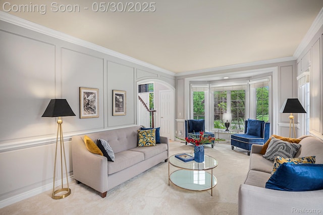 846 Majestic, Rochester, MI 48306 - living area featuring a decorative wall, crown molding, carpet flooring, and stairs
