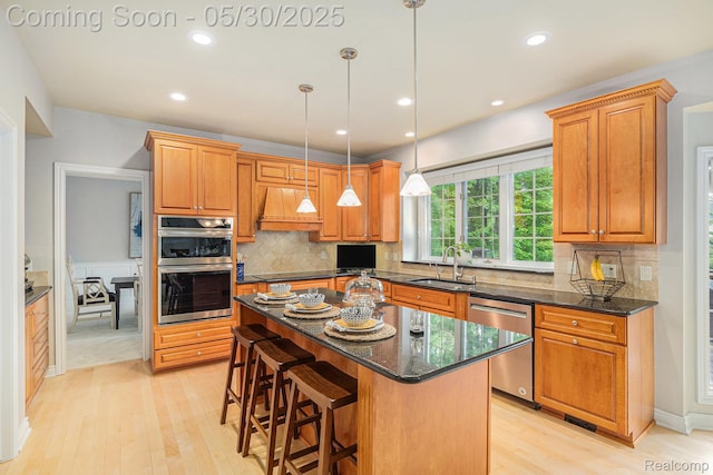 846 Majestic, Rochester, MI 48306 - kitchen with a sink, appliances with stainless steel finishes, premium range hood, light wood-type flooring, and a kitchen island