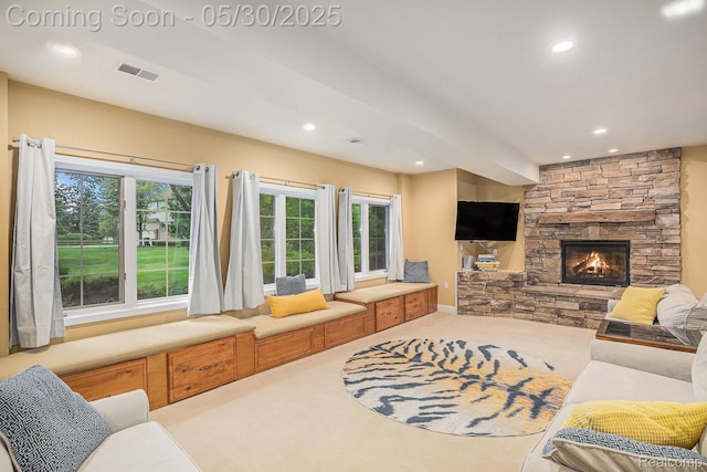 846 Majestic, Rochester, MI 48306 - living area with recessed lighting, carpet flooring, a fireplace, healthy amount of natural light, and baseboards