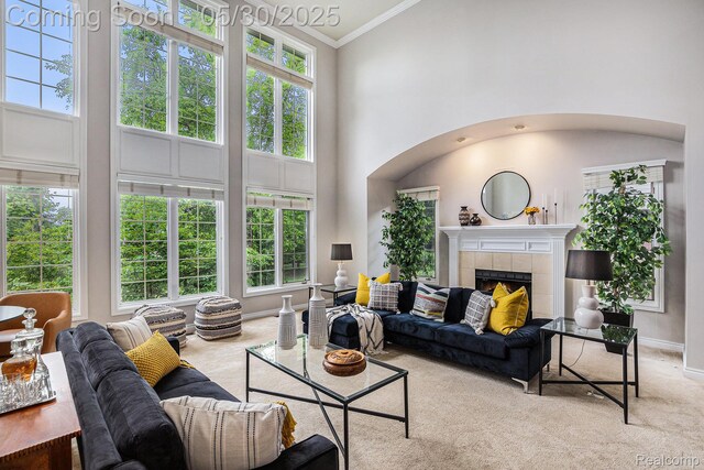 846 Majestic, Rochester, MI 48306 - carpeted living area featuring crown molding, plenty of natural light, a high ceiling, a tile fireplace, and baseboards
