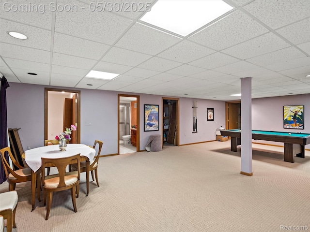 1552 Pebble Creek Dr, Rochester, MI 48307 - playroom featuring carpet floors, baseboards, a drop ceiling, and pool table