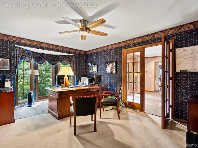 1552 Pebble Creek Dr, Rochester, MI 48307 - office area with wallpapered walls, carpet, ceiling fan, and french doors
