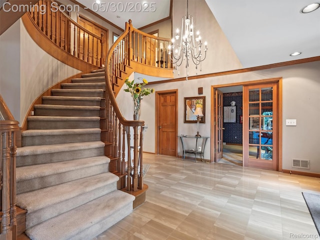1552 Pebble Creek Dr, Rochester, MI 48307 - stairway with baseboards, a chandelier, crown molding, recessed lighting, and a high ceiling