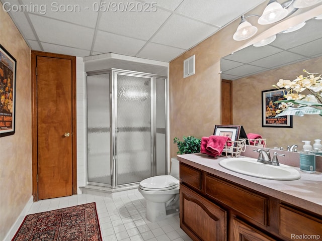 1552 Pebble Creek Dr, Rochester, MI 48307 - full bath with vanity, a paneled ceiling, a stall shower, tile patterned flooring, and toilet