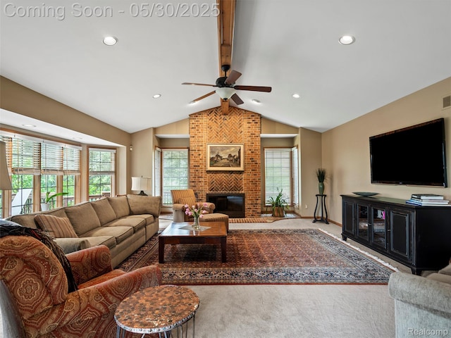 1552 Pebble Creek Dr, Rochester, MI 48307 - carpeted living area with a ceiling fan, healthy amount of natural light, recessed lighting, and a brick fireplace