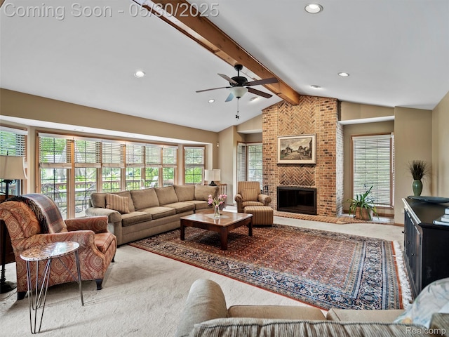 1552 Pebble Creek Dr, Rochester, MI 48307 - carpeted living room with a ceiling fan, recessed lighting, and a brick fireplace