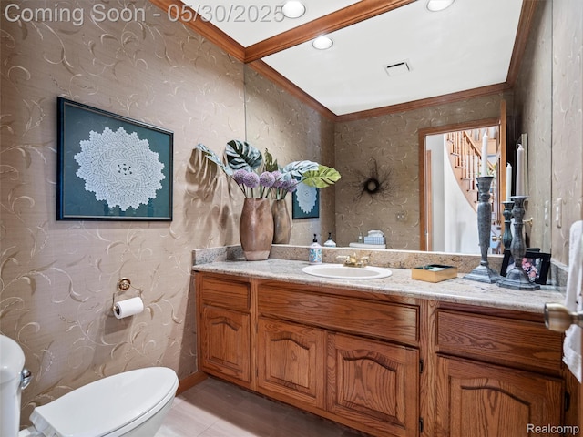 1552 Pebble Creek Dr, Rochester, MI 48307 - bathroom with wallpapered walls, toilet, vanity, crown molding, and tile patterned flooring