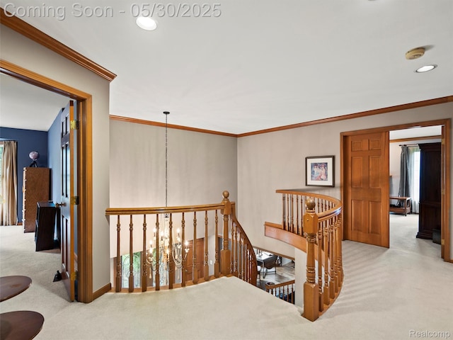 1552 Pebble Creek Dr, Rochester, MI 48307 - hallway featuring an upstairs landing, carpet, ornamental molding, recessed lighting, and baseboards
