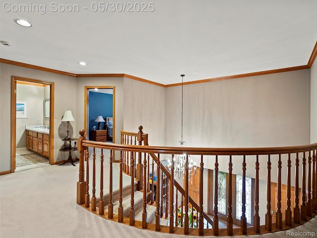 1552 Pebble Creek Dr, Rochester, MI 48307 - hall featuring an upstairs landing, recessed lighting, ornamental molding, baseboards, and carpet floors