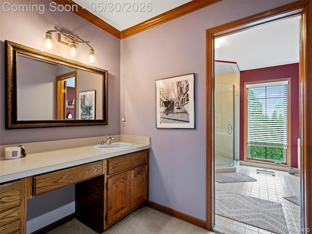 1552 Pebble Creek Dr, Rochester, MI 48307 - full bath with vanity, baseboards, a shower with shower door, and ornamental molding