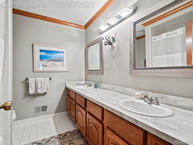 1552 Pebble Creek Dr, Rochester, MI 48307 - bathroom featuring double vanity, tile patterned flooring, crown molding, and toilet