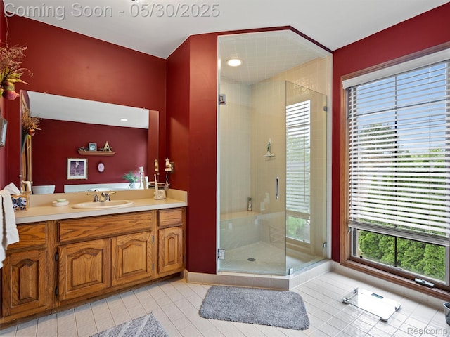 1552 Pebble Creek Dr, Rochester, MI 48307 - bathroom with vanity, a shower stall, tile patterned floors, and baseboards