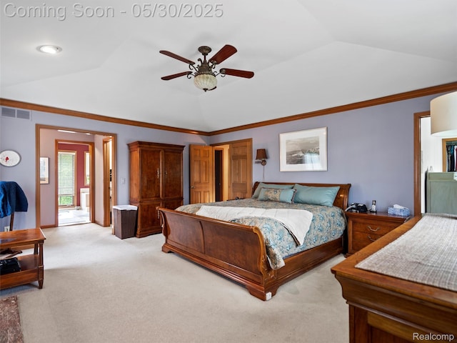 1552 Pebble Creek Dr, Rochester, MI 48307 - bedroom featuring light colored carpet, vaulted ceiling, ceiling fan, and crown molding
