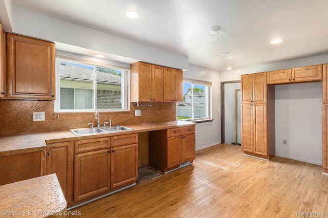 18201 Filmore St, Southfield, MI 48075 - kitchen featuring light wood-style floors, tasteful backsplash, brown cabinets, light countertops, and recessed lighting
