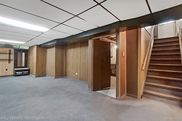 37923 Howell St, Livonia, MI 48154 - finished basement featuring carpet, stairs, and wood walls