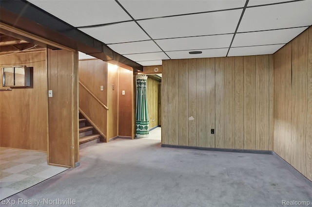 37923 Howell St, Livonia, MI 48154 - finished below grade area featuring wood walls, stairs, carpet, and a drop ceiling