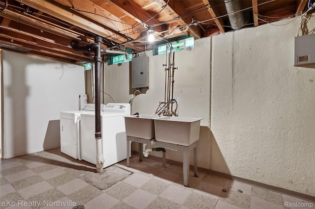 37923 Howell St, Livonia, MI 48154 - below grade area featuring electric panel, separate washer and dryer, light flooring, and a textured wall