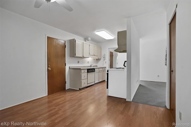 37923 Howell St, Livonia, MI 48154 - kitchen with white appliances, a sink, wood finished floors, and ceiling fan