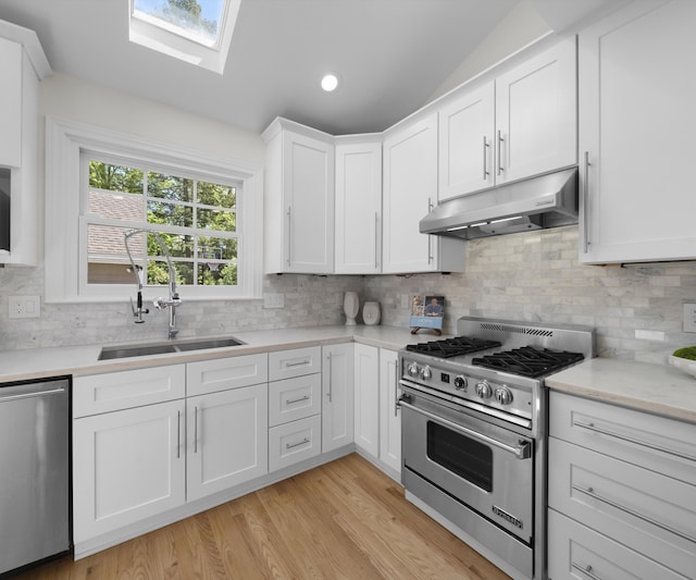 1015 Lincoln Ave, Ann Arbor, MI 48104 - kitchen with stainless steel appliances, under cabinet range hood, a sink, a skylight, and light countertops