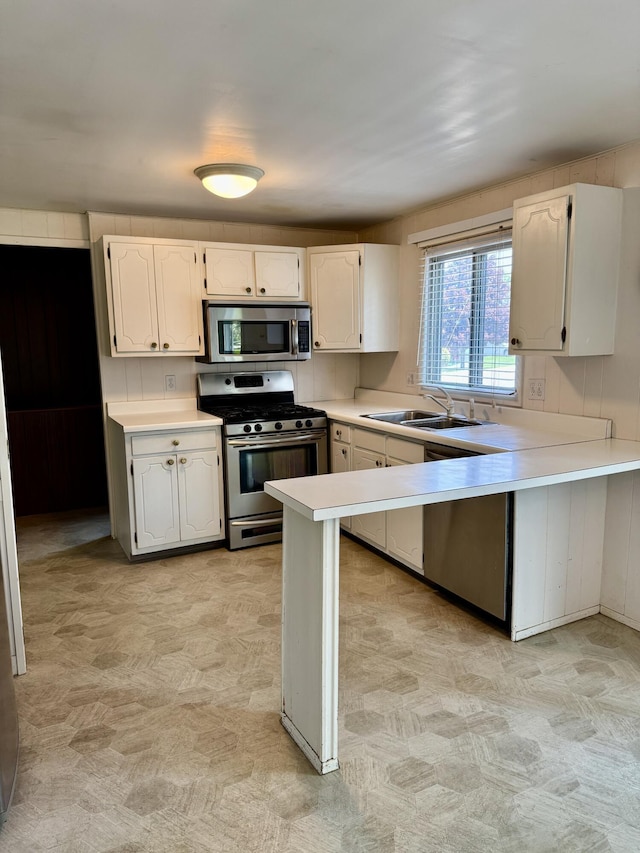 1235 Princeton St, Manistee, MI 49660 - kitchen featuring stainless steel appliances, a sink, light countertops, a peninsula, and light floors