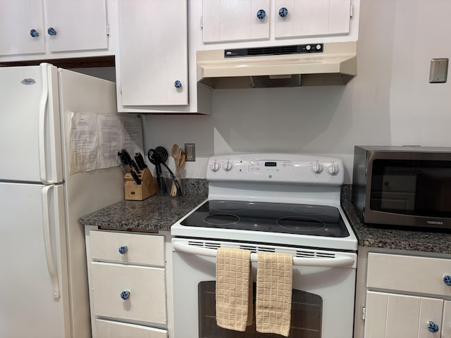 31 Mohawk Trl, New Buffalo, MI 49117 - kitchen with white appliances, under cabinet range hood, white cabinets, and dark countertops
