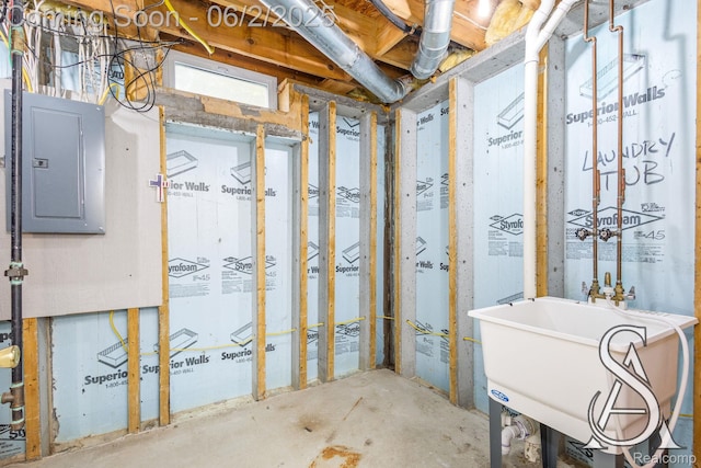 6420 Crestview Dr, Holly, MI 48442 - unfinished basement featuring electric panel and a sink