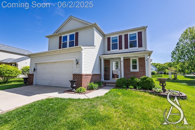 6420 Crestview Dr, Holly, MI 48442 - traditional-style home with brick siding, concrete driveway, a front lawn, and a garage