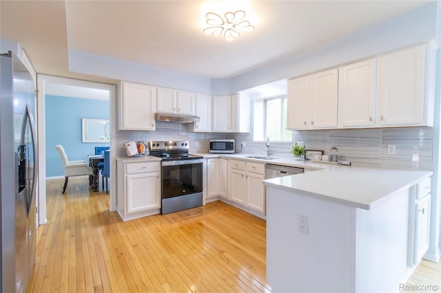 2864 Mystic Dr, Ann Arbor, MI 48103 - kitchen with appliances with stainless steel finishes, under cabinet range hood, a sink, light countertops, and white cabinetry