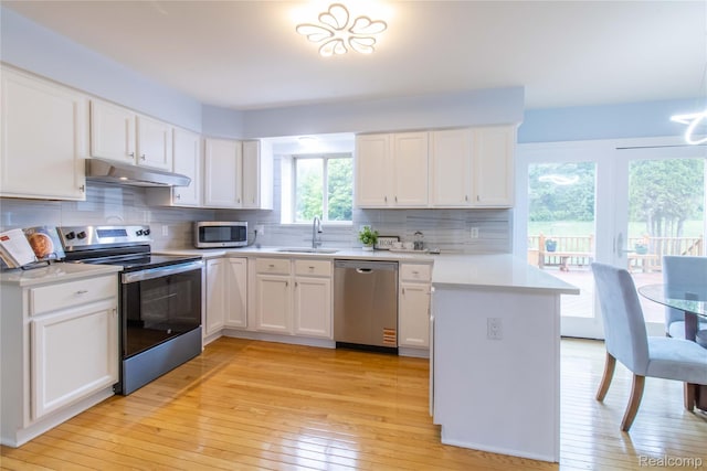 2864 Mystic Dr, Ann Arbor, MI 48103 - kitchen with stainless steel appliances, under cabinet range hood, a sink, a peninsula, and light countertops