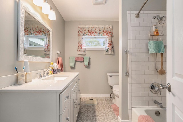 510 Cedar St, Paw Paw, MI 49079 - bathroom with toilet, vanity, baseboards, shower / tub combination, and tile patterned flooring