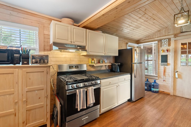 92282 Entrance Dr, Lawton, MI 49065 - kitchen featuring appliances with stainless steel finishes, under cabinet range hood, plenty of natural light, light wood finished floors, and wooden walls
