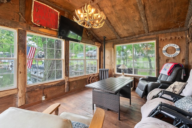 92282 Entrance Dr, Lawton, MI 49065 - sunroom with a chandelier, hardwood / wood-style floors, vaulted ceiling, wooden walls, and wooden ceiling