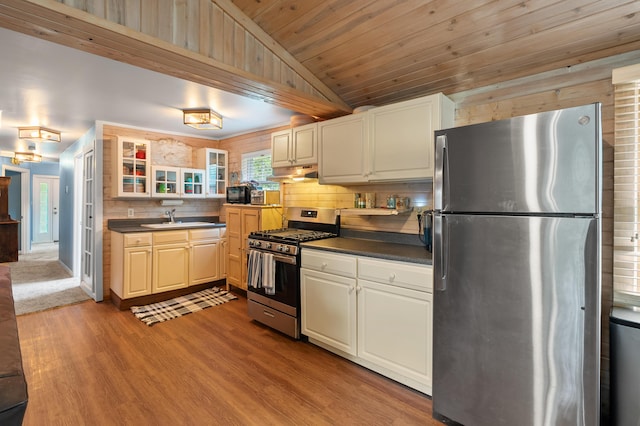 92282 Entrance Dr, Lawton, MI 49065 - kitchen with stainless steel appliances, a sink, dark countertops, vaulted ceiling, and under cabinet range hood