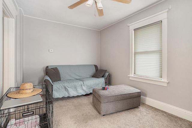 128 S Main St, Lawton, MI 49065 - living area with carpet flooring, ceiling fan, crown molding, and baseboards