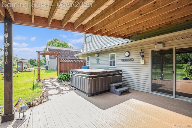 6080 Waldon Rd, Clarkston, MI 48346 - wooden terrace with a hot tub and a yard