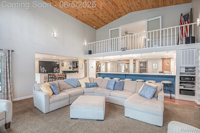 6080 Waldon Rd, Clarkston, MI 48346 - living room with high vaulted ceiling, carpet, wood ceiling, and baseboards
