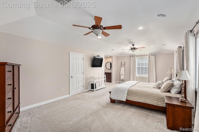 6080 Waldon Rd, Clarkston, MI 48346 - bedroom with light colored carpet, baseboards, recessed lighting, lofted ceiling, and a ceiling fan