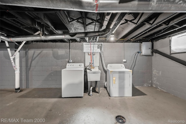 5935 Devonshire Rd, Dearborn, MI 48224 - unfinished basement with washing machine and clothes dryer, electric panel, and a sink