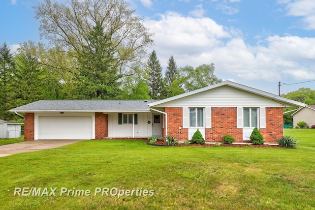 6461 Sheridan Rd, Saginaw, MI 48601 - ranch-style home featuring a garage, concrete driveway, brick siding, a front lawn, and board and batten siding