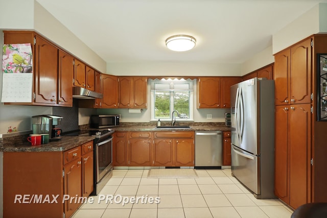 6461 Sheridan Rd, Saginaw, MI 48601 - kitchen with appliances with stainless steel finishes, a sink, under cabinet range hood, dark countertops, and brown cabinetry