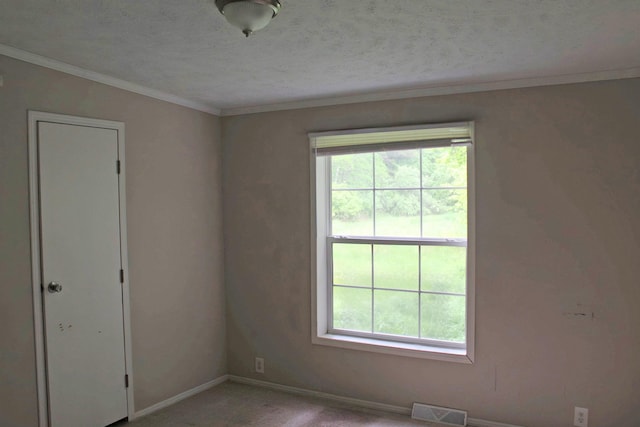 11200 Willard Rd, Burt, MI 48417 - unfurnished room featuring baseboards, ornamental molding, carpet floors, and a textured ceiling