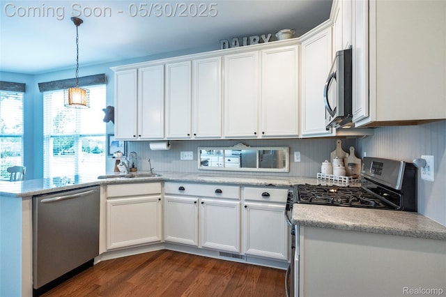 26727 Wilton Ct, New Hudson, MI 48165 - kitchen with appliances with stainless steel finishes, a sink, white cabinets, and dark wood finished floors