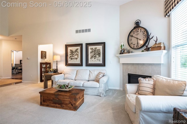 26727 Wilton Ct, New Hudson, MI 48165 - living room with carpet floors, a high ceiling, a fireplace, and baseboards