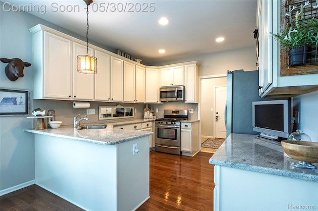 26727 Wilton Ct, New Hudson, MI 48165 - kitchen featuring stainless steel appliances, dark wood-style flooring, a peninsula, a sink, and light stone counters