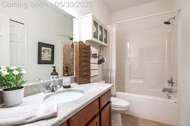 26727 Wilton Ct, New Hudson, MI 48165 - full bath with vanity, shower / bathtub combination with curtain, toilet, and tile patterned floors